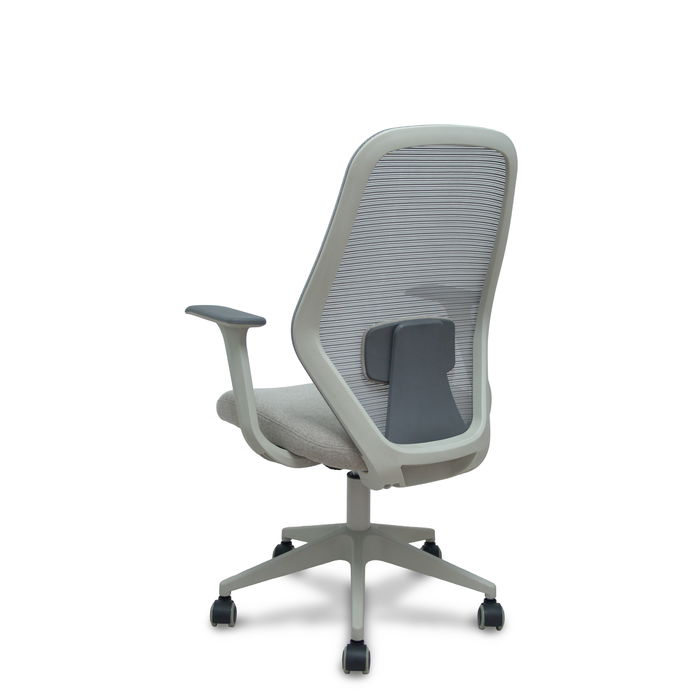 Silla de oficina Ergo529 con mecanismo Basculante tapizada con Tela color Gris claro y malla color Gris. Equipada con lumbar 1D, Brazos fijos y Ruedas de parqué Silla de oficina Ergo529 con mecanismo Basculante tapizada con Tela color Gris claro y malla color Gris. Equipada con lumbar 1D, Brazos fijos y Ruedas de parqué