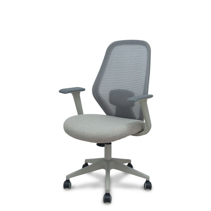 Silla de oficina Ergo529 con mecanismo Basculante tapizada con Tela color Gris claro y malla color Gris. Equipada con lumbar 1D, Brazos fijos y Ruedas de parqué Silla de oficina Ergo529 con mecanismo Basculante tapizada con Tela color Gris claro y malla color Gris. Equipada con lumbar 1D, Brazos fijos y Ruedas de parqué