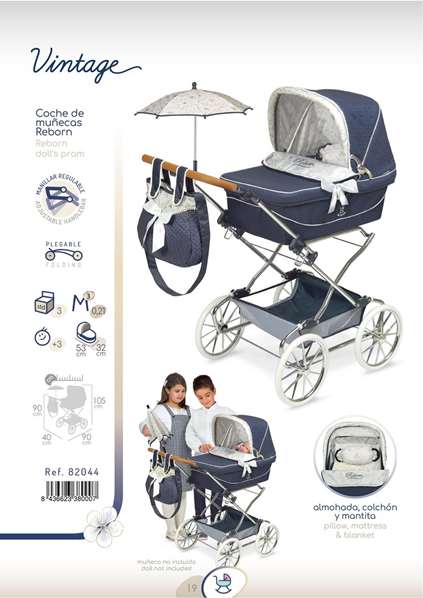 Decuevas Coche Reborn Plegable con Sombrilla Vintage para Niños 40x90x90 cm, Metal y Poliéster