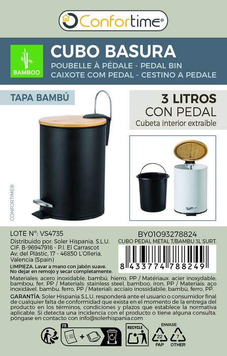 Confortime Cubo Pedal Metal T/Bambu 3L 17 x 17 x 22.7 cm (6 Unidades)