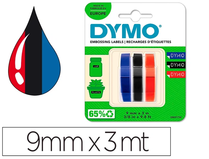 Dymo Cinta de Relieve 3D 9mm x 3m - Pack de 3 Colores (Azul, Negro, Rojo) Armonizado