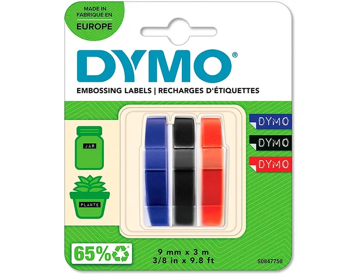 Dymo Cinta de Relieve 3D 9mm x 3m - Pack de 3 Colores (Azul, Negro, Rojo) Armonizado