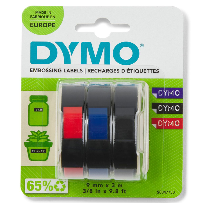 Dymo Cinta de Relieve 3D 9mm x 3m - Pack de 3 Colores (Azul, Negro, Rojo) Armonizado