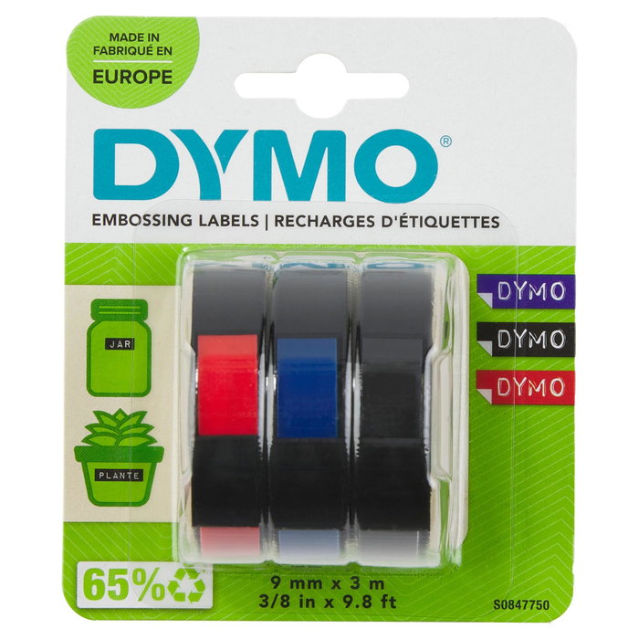 Dymo Cinta de Relieve 3D 9mm x 3m - Pack de 3 Colores (Azul, Negro, Rojo) con Compatibilidad Omega/Junior