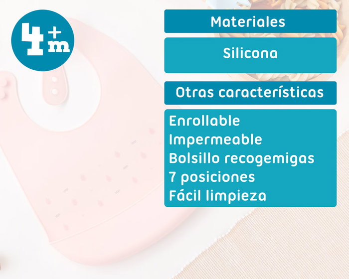 KioKids Babero Silicona Rosa con Bolsillo Recogemigas para Bebé +4 Meses Impermeable