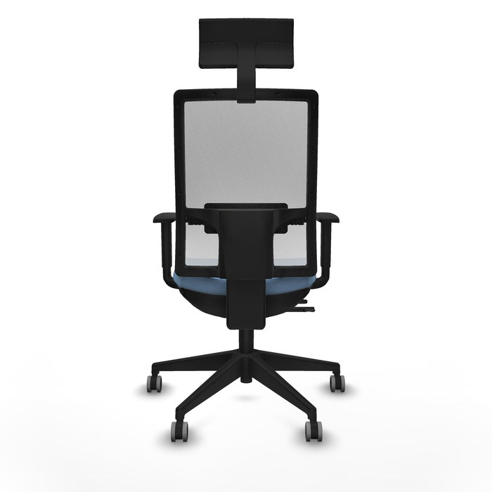 Silla de oficina Horna con mecanismo Sincro/Traslack tapizada con Tela color Azul cielo y malla color Blanco. Equipada con lumbar 1D, Brazos 1D, Cabecero Fijo y Ruedas 65 mm parqué