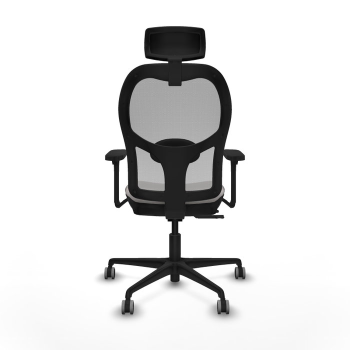Silla de oficina Jorquera con mecanismo Sincro/Traslack tapizada con Similpiel color Blanco y malla color Gris. Equipada con lumbar 1D, Brazos 3D, Cabecero 2D y Ruedas 65 mm parqué