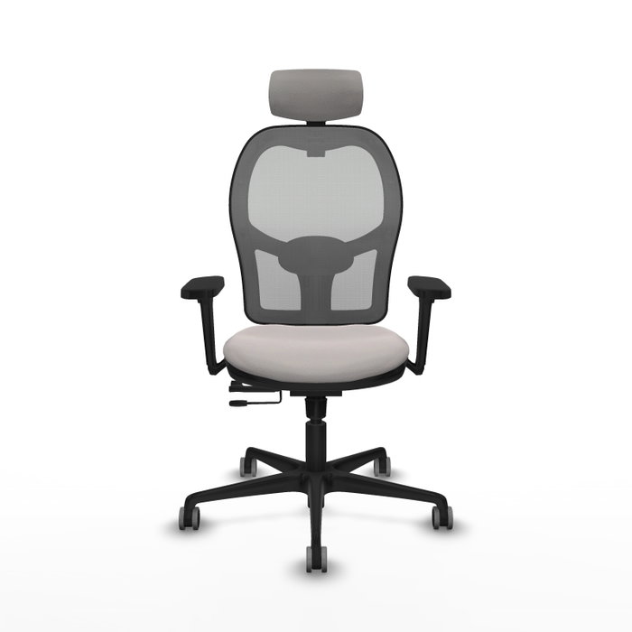 Silla de oficina Jorquera con mecanismo Sincro/Traslack tapizada con Similpiel color Blanco y malla color Gris. Equipada con lumbar 1D, Brazos 3D, Cabecero 2D y Ruedas 65 mm parqué