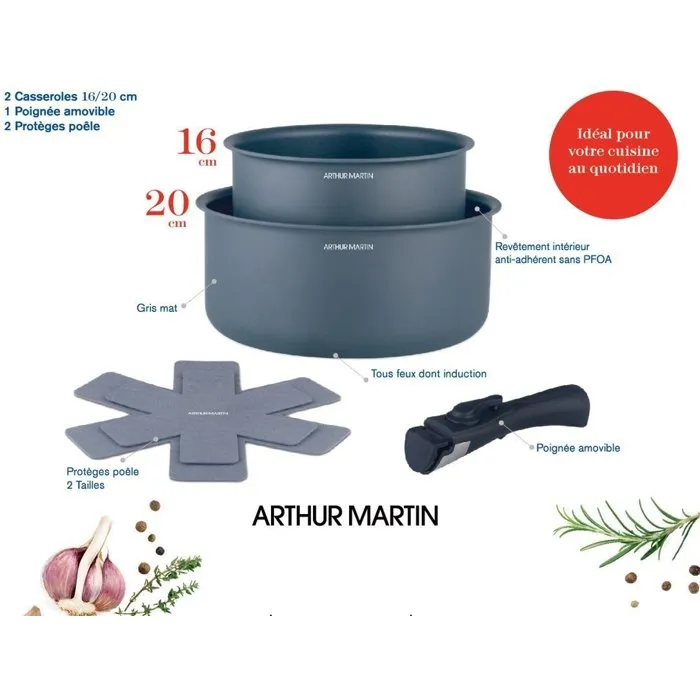 Arthur Martin Juego de 2 Cacerolas AM2984 Antiadherentes Aptas para Inducción Ø 16-20 cm con Mango Extraíble Gris Mate