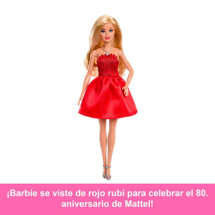 Mattel Barbie Muñeca Coleccionable 80 Aniversario Mattel, Edición Especial Vestido Rojo y Accesorios, Referencia Jgd25