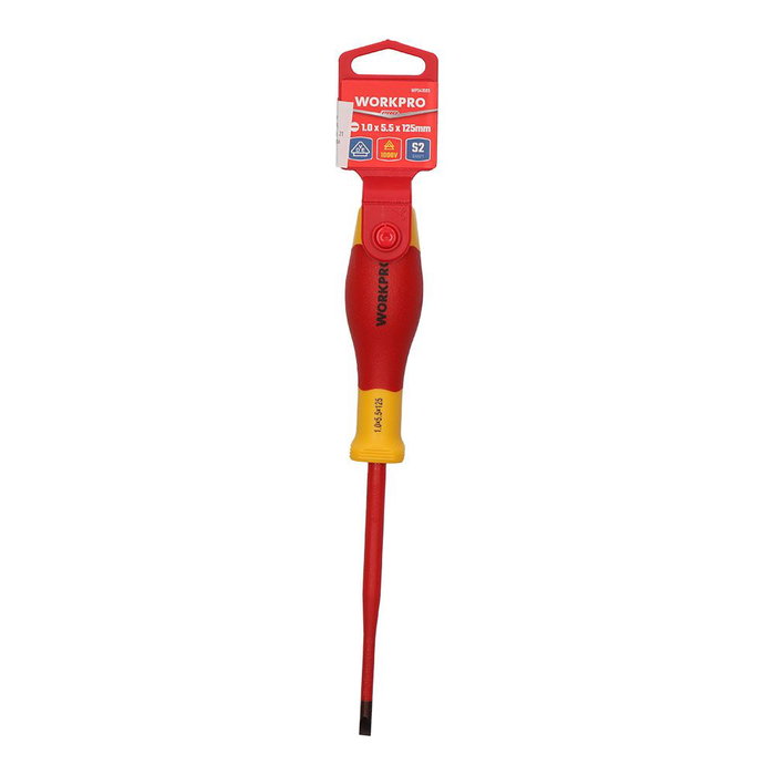 Workpro Destornillador Plano Aislado VDE, Punta 1 x 5.5mm, Longitud 125mm, 1000V AC, Acero S2 Cromo Vanadio, Color Rojo/Amarillo