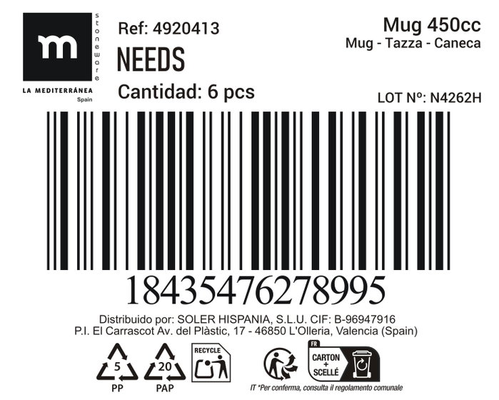 Inde Mug 450 Cc "Needs" Md - 8,5 cm Ancho x 12 cm Alto x 12 cm Largo (24 Unidades)