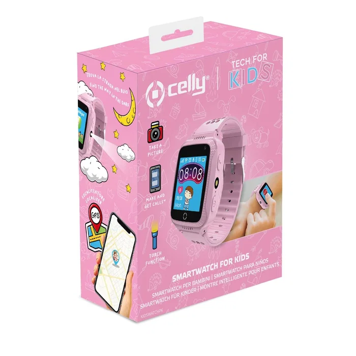 Celly Reloj Inteligente GPS para Niños Rosa - Smartwatch con Llamadas, Cámara, 4 Días Batería, Pantalla 1.54", App SeTracker2, Compatible con iOS/Android