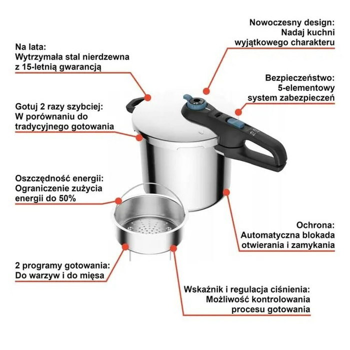 Tefal Olla a Presión Secure Trendy P2584401 de 8L en Acero Inoxidable