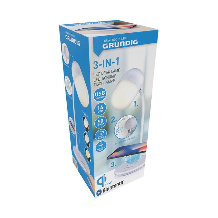 Grundig Lámpara Escritorio LED 3 en 1 con Altavoz y Cargador Inalámbrico Blanco Modelo a Grundig Lámpara Escritorio LED 3 en 1 con Altavoz y Cargador Inalámbrico Blanco Modelo a