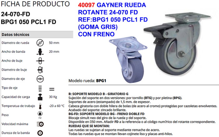 GAYNER Rueda 24-070FD Gris con Freno GAYNER Rueda 24-070FD Gris con Freno
