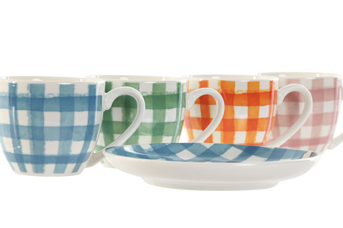 DKD Home Decor Set de 6 Tazas Café Porcelana New Bone 6.2 x 5.5 x 8.5 cm Azul Rosa Vichy