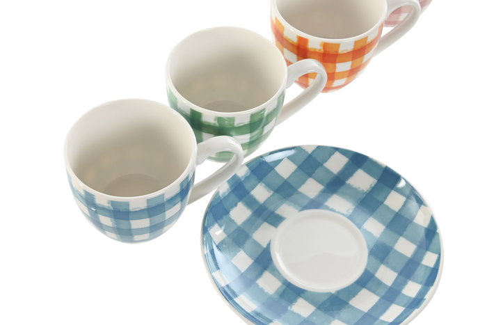 DKD Home Decor Set de 6 Tazas Café Porcelana New Bone 6.2 x 5.5 x 8.5 cm Azul Rosa Vichy