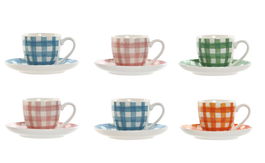 DKD Home Decor Set de 6 Tazas Café Porcelana New Bone 6.2 x 5.5 x 8.5 cm Azul Rosa Vichy
