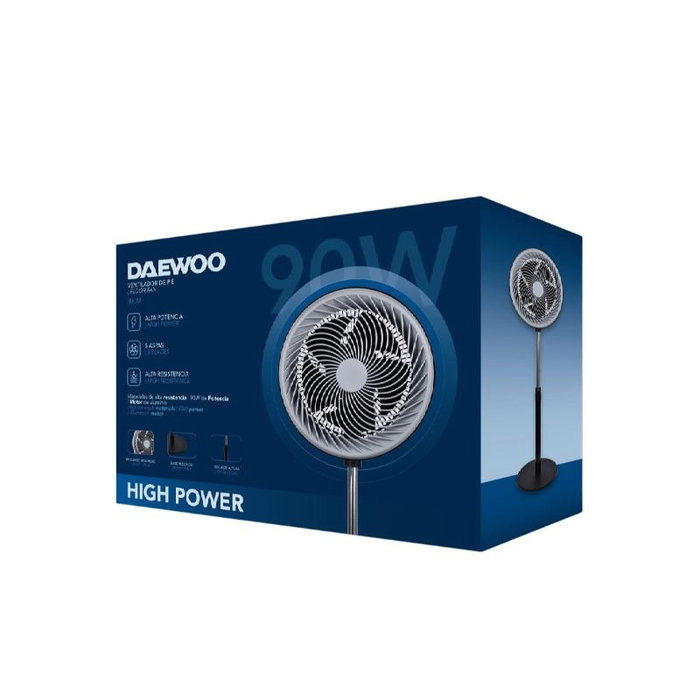 Daewoo Ventilador de Pie de Alta Velocidad 90W, 12 Pulgadas (30 cm), Base Redonda, Color Negro