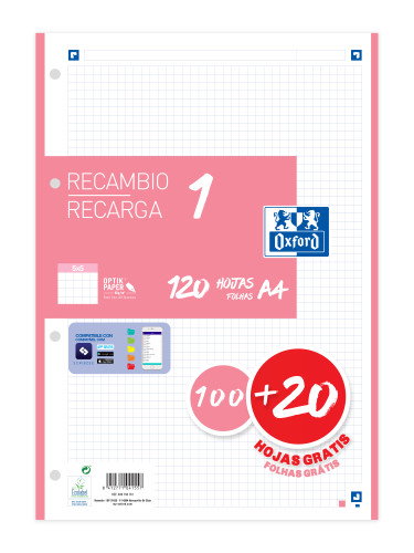 Oxford Recambio Classic A4 120 Hojas 90gr Rosa Chicle 5x5mm 4 Taladros