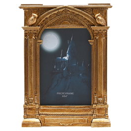 WIDDOP & CO - Marco de Fotos Hogwarts Harry Potter, Entrada 3D en Resina con Acabado Metálico Dorado y Soporte Incluido