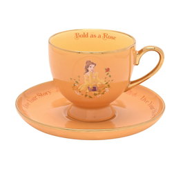 WIDDOP & CO Taza de té y platillo Bella Princesas Disney dorado con texto Bold as a Rose