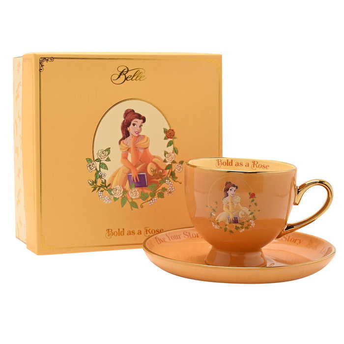 WIDDOP & CO Taza de té y platillo Bella Princesas Disney dorado con texto Bold as a Rose