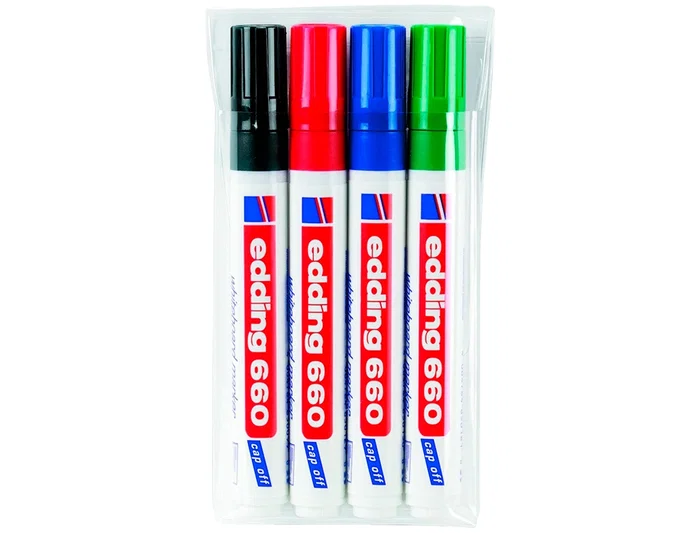 Edding 660 Rotulador para pizarra blanca, blister 4 unidades, colores surtidos, recargable, trazo 1,5-3 mm