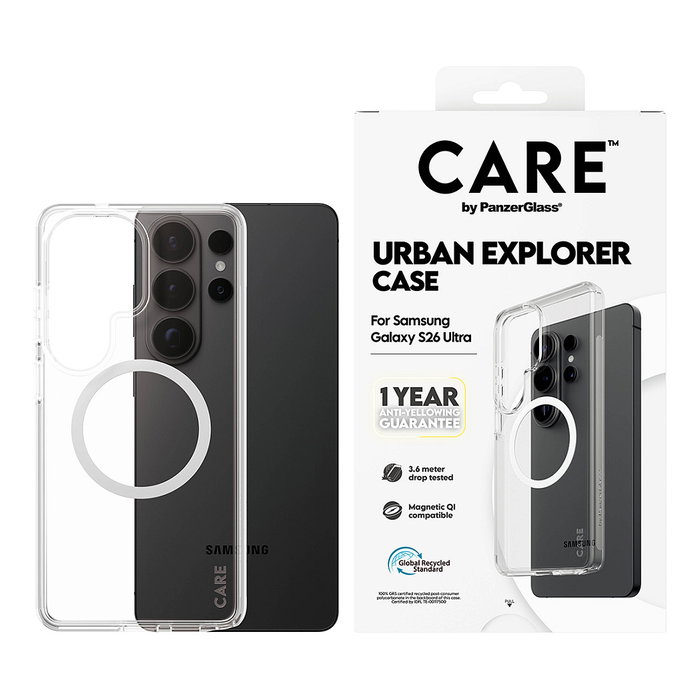 PanzerGlass CARE Urban Explorer Case con carga inalámbrica - Funda transparente resistente a golpes para Samsung Galaxy S26 Ultra