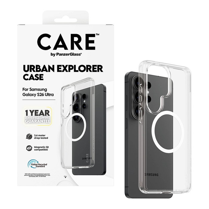 PanzerGlass CARE Urban Explorer Case con carga inalámbrica - Funda transparente resistente a golpes para Samsung Galaxy S26 Ultra
