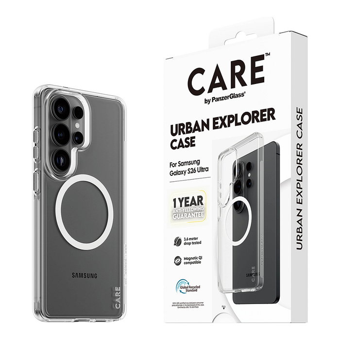 PanzerGlass CARE Urban Explorer Case con carga inalámbrica - Funda transparente resistente a golpes para Samsung Galaxy S26 Ultra