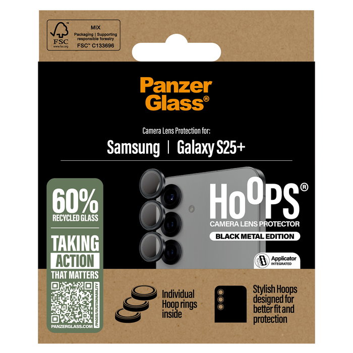 PanzerGlass Protector de Lente de Cámara Black Lens Hoops para Samsung Galaxy S25 Plus - Negro, Resistente a Rayones y Golpes, Aplicación en Seco, 1 Pieza