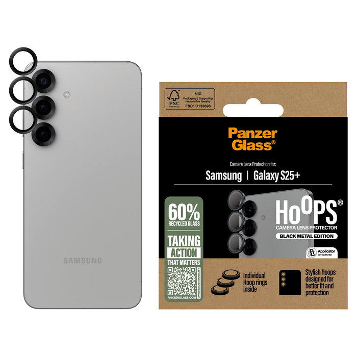 PanzerGlass Protector de Lente de Cámara Black Lens Hoops para Samsung Galaxy S25 Plus - Negro, Resistente a Rayones y Golpes, Aplicación en Seco, 1 Pieza