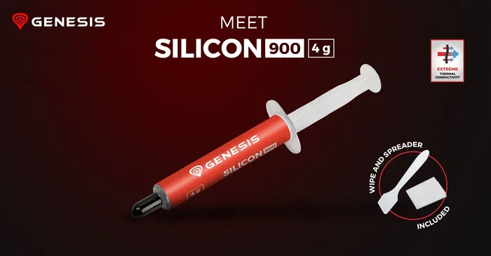 Genesis Pasta Térmica Silicon 900, Conductividad Térmica 12.8 W/mK, 4 gr, con Espátula y Paño, para PC, Laptop y Consolas - NTG-2329