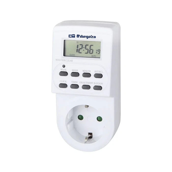 Orbegozo PG 20 Programador Digital Semanal para Enchufe, 10 Programas, 3600W Máx, Función Random, Blanco