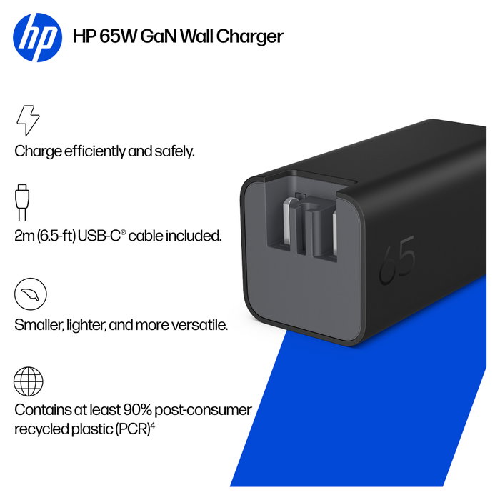 HP Cargador USB-C 65W GaN Negro con cable de 2m