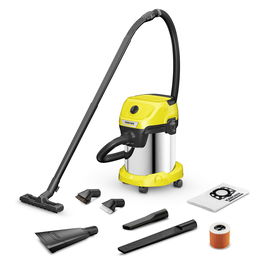 Kärcher WD 3 S V-17/4/20 Aspiradora de Tambor 1000W Seca y Húmeda, Capacidad 17L, con Bolsa para el Polvo, Color Acero/Amarillo