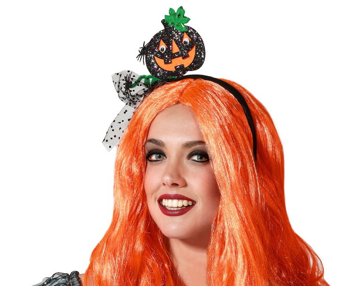 Tiara con Calabaza Negra y Verde con Telaraña y Moño para Halloween Tiara con Calabaza Negra y Verde con Telaraña y Moño para Halloween