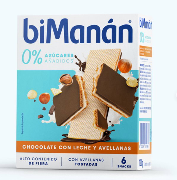 BIMANAN Barquillo de Chocolate con Leche y Avellanas, 6 unidades de 20 g