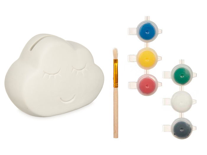 Pincello Hucha para Pintar Nube con 6 Colores y Pincel, Cerámica Blanca, 12x9.4x7 cm (Set de 24)