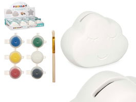 Pincello Hucha para Pintar Nube con 6 Colores y Pincel, Cerámica Blanca, 12x9.4x7 cm (Set de 24)
