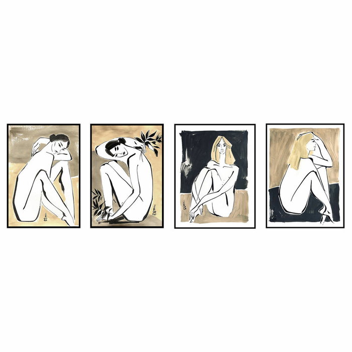 DKD Home Decor Set de 4 Cuadros de Lienzo Enmarcados Mujer 50x70 cm Beige y Negro