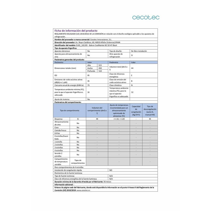 Mini Nevera Cecotec Bolero CoolMarket BC SD 47 65 W 51,3 x 42 x 51 cm Negro 44 L