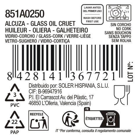 Inde Alcuza de Vidrio con Tapon de Corcho 250Ml La Medi, 10.8 x 13.5 x 9.7 cm (6 Unidades)