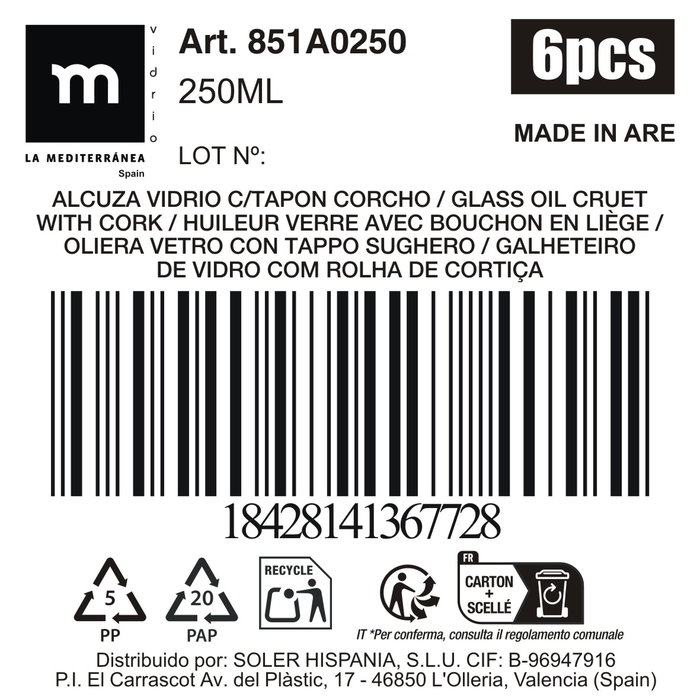 Inde Alcuza de Vidrio con Tapon de Corcho 250Ml La Medi, 10.8 x 13.5 x 9.7 cm (6 Unidades)
