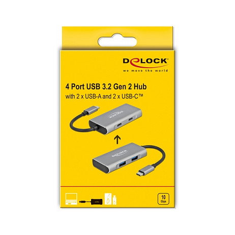 DeLOCK Hub USB 3.2 Gen 2 Tipo C Externo, 4 Puertos (2x USB-A + 2x USB-C), 10 Gbps, Aluminio Gris, Conector USB-C, 0.12m Cable, Plug & Play