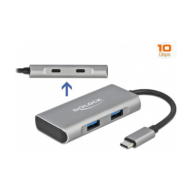 DeLOCK Hub USB 3.2 Gen 2 Tipo C Externo, 4 Puertos (2x USB-A + 2x USB-C), 10 Gbps, Aluminio Gris, Conector USB-C, 0.12m Cable, Plug & Play