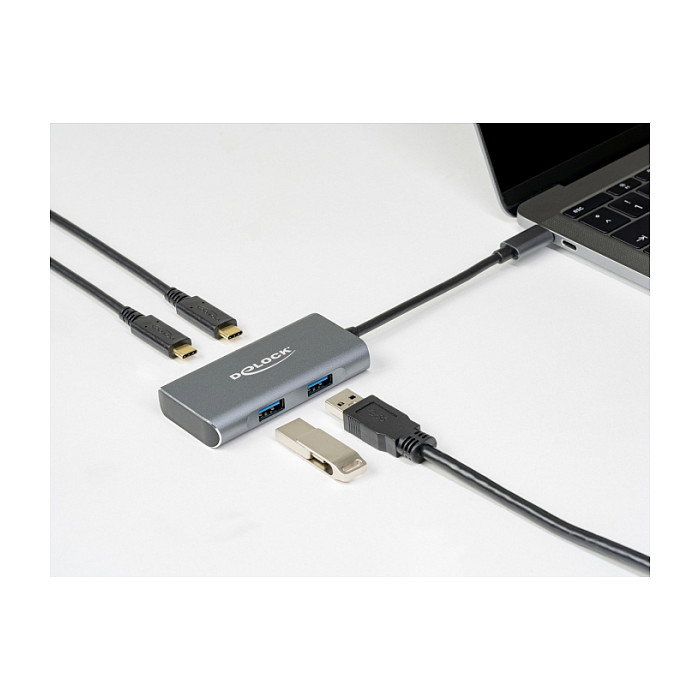 DeLOCK Hub USB 3.2 Gen 2 Tipo C Externo, 4 Puertos (2x USB-A + 2x USB-C), 10 Gbps, Aluminio Gris, Conector USB-C, 0.12m Cable, Plug & Play