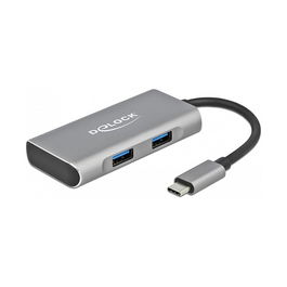 DeLOCK Hub USB 3.2 Gen 2 Tipo C Externo, 4 Puertos (2x USB-A + 2x USB-C), 10 Gbps, Aluminio Gris, Conector USB-C, 0.12m Cable, Plug & Play